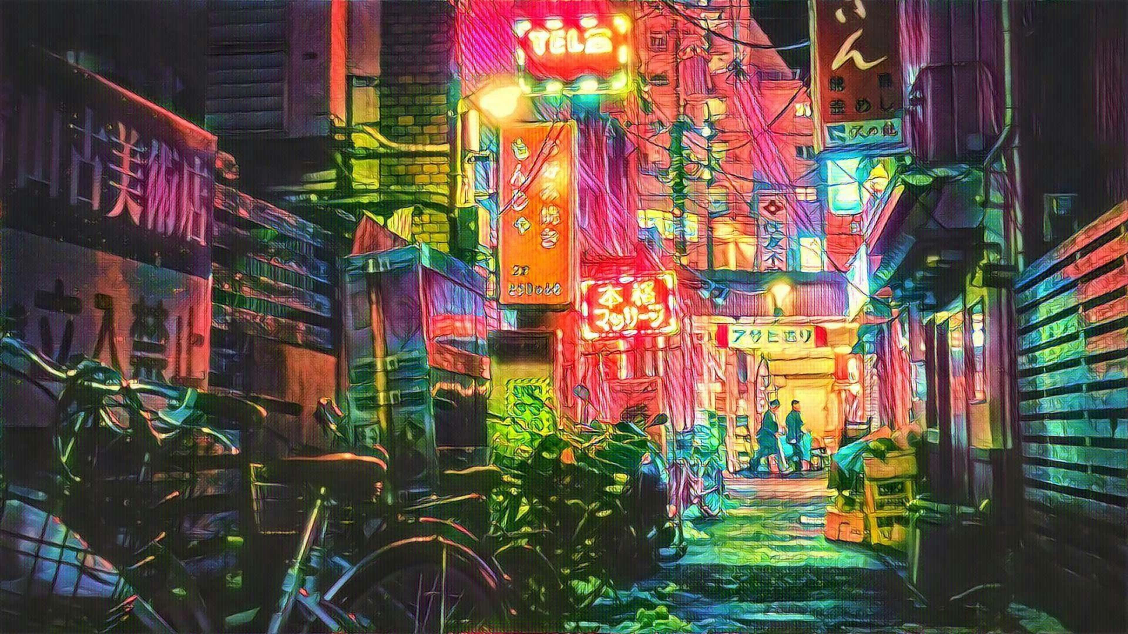 霓虹灯照亮的小巷，停着一辆自行车和一块招牌 壁纸