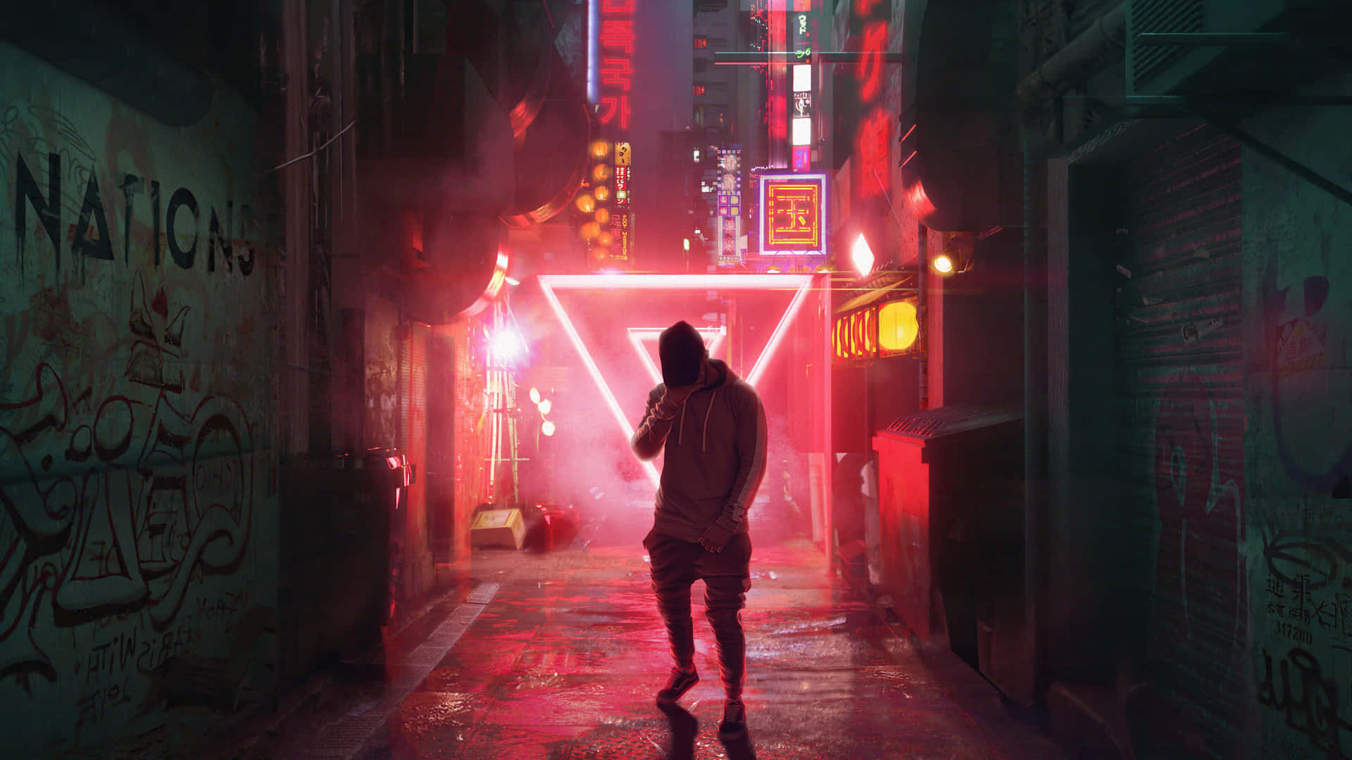 霓虹红倒三角小巷背景 壁纸