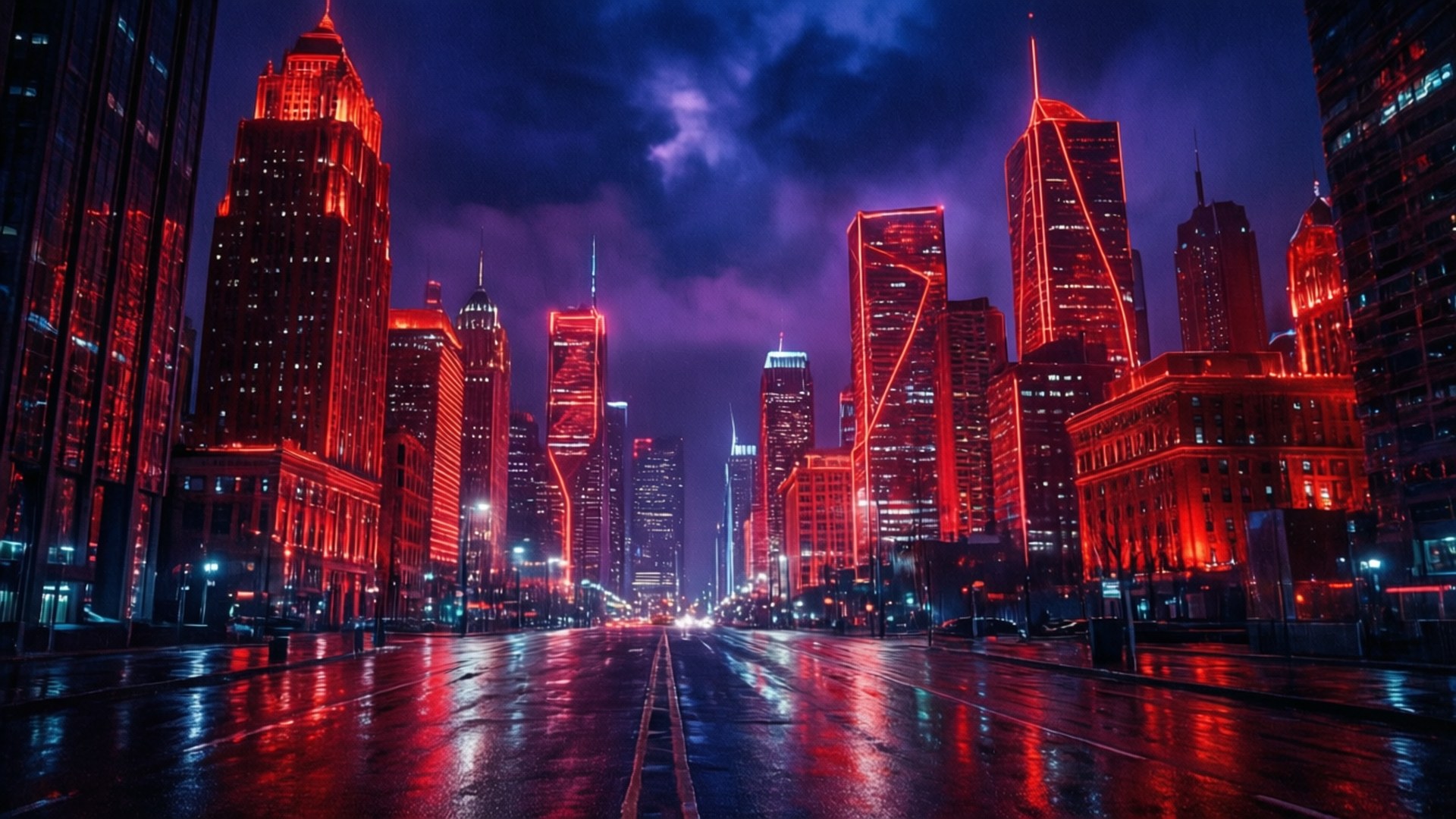 霓虹红城市景观 壁纸