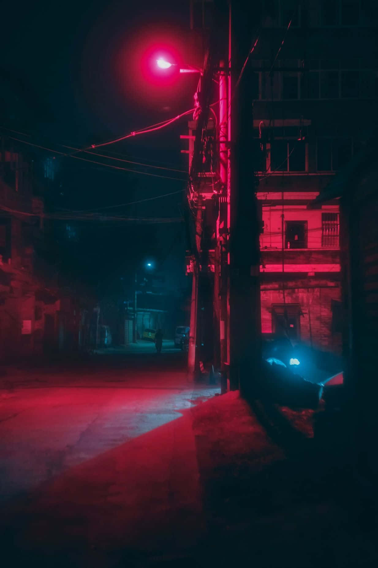 霓虹红美学灯光照亮街道 壁纸