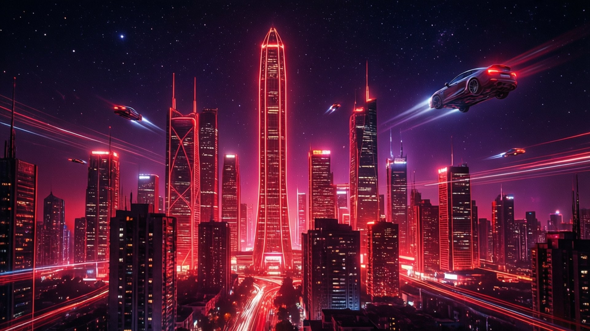 霓虹红赛博朋克天际线 壁纸