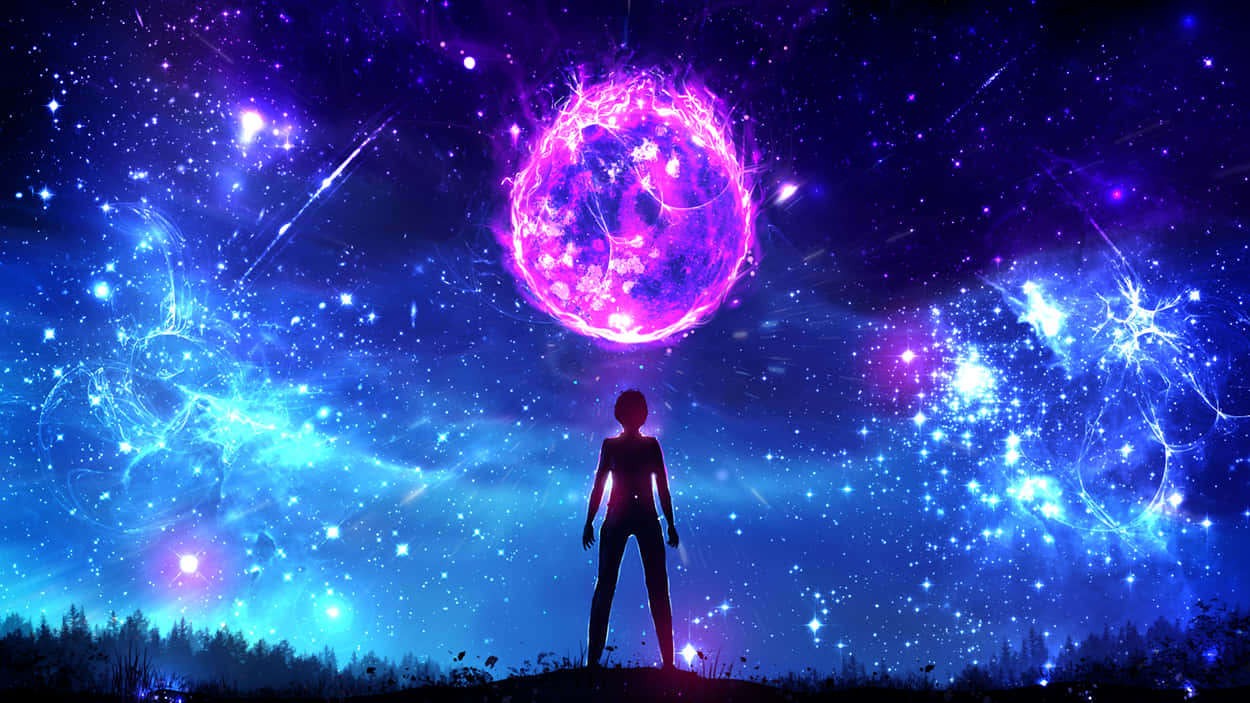 魔法夜空：发光形状与女性剪影 壁纸