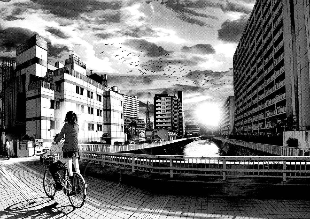 黑白城市自行车动漫女孩动画 壁纸