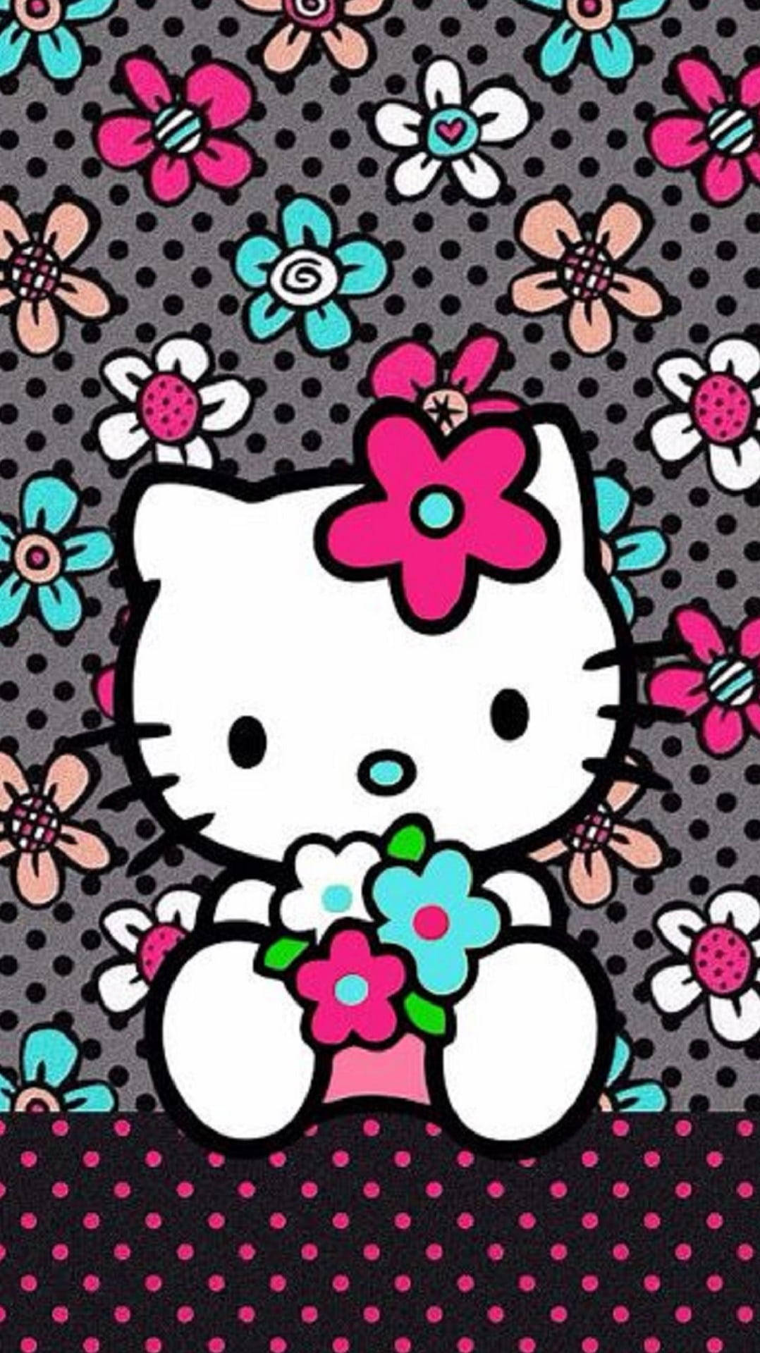 黑色凯蒂猫与花朵 壁纸