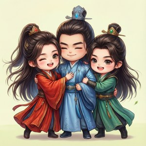《19天》中四位主角的可爱Chibi风格拥抱。 — Infinix Zero 壁纸