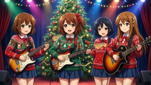 K-On! 女孩们在舞台上表演圣诞演唱会