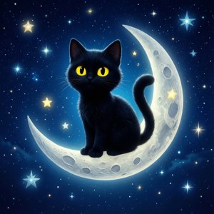一只神秘的Toca Boca黑猫坐在新月上。 — Galaxy Watch 壁纸