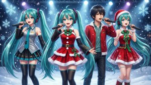 Vocaloid角色在雪景舞台上进行圣诞演唱会