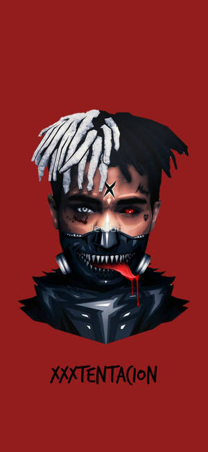 XXXTentacion戴着露出牙齿的面具，红色背景的壁纸。