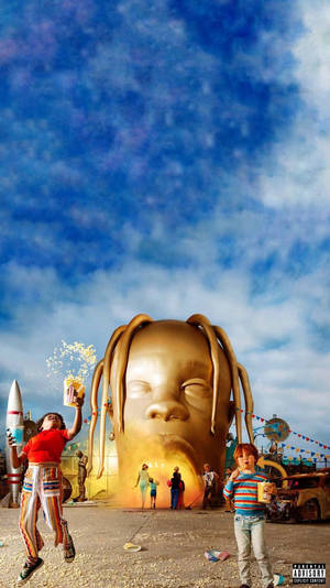 酷炫高清Astroworld壁纸，包含游乐场景和Travis Scott雕像头像。