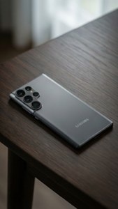 S24 Ultra 置于深色木质桌面，柔和氛围灯光营造出简约壁纸风格。 — S24 Ultra 壁纸