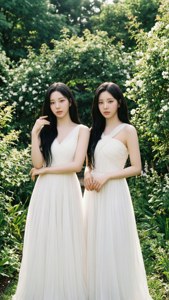 TWICE身着白色连衣裙，置身于阳光柔和的葱郁花园中。