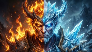 Rog Ally 分为火焰与冰霜两半，元素对比鲜明。