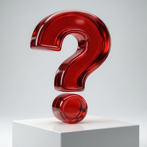 白色讲台上一个逼真的光泽红色3D问号壁纸。
