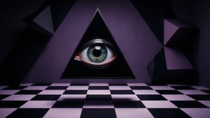以三角形中的眼睛和几何元素构成的暗色抽象图案。 — 迷幻暗黑美学 壁纸