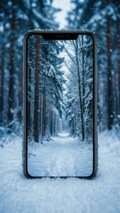 雪地中的iPhone 11搭配冬季森林壁纸 — iPhone 11 壁纸