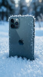 iPhone 11 Pro Max 被积雪覆盖，带有霜冻细节和冬日背景。