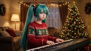 初音未来穿着圣诞毛衣弹键盘