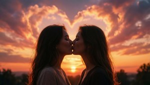 浪漫的LGBTQ+情侣剪影在夕阳下接吻，心形云朵点缀天空。