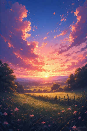 动漫夕阳，乡村风景，梦幻天空，空灵，鲜艳色彩，壁纸，数字艺术，动漫风景，乡村，美丽，宁静，祥和 — 动漫风景 壁纸