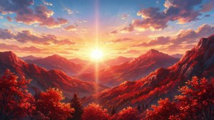 动漫风格的鲜艳红色山脉景观与落日