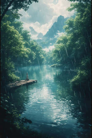 动漫,湖泊,雨,森林,绿色,雾气,山脉,码头,宁静,忧郁,自然,风景,4K — iPhone 4 壁纸