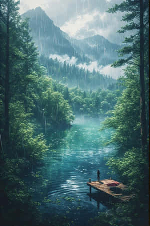 动漫,湖泊,雨,森林,绿色,雾气,山脉,码头,宁静,忧郁,自然,风景,4K — iPhone 4 壁纸