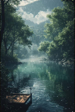 动漫,湖泊,雨,森林,绿色,雾气,山脉,码头,宁静,忧郁,自然,风景,4K — iPhone 4 壁纸