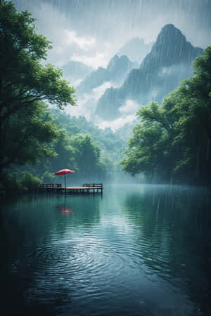 动漫,湖泊,雨,森林,绿色,雾气,山脉,码头,宁静,忧郁,自然,风景,4K — iPhone 4 壁纸