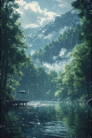 动漫,湖泊,雨,森林,绿色,雾气,山脉,码头,宁静,忧郁,自然,风景,4K — iPhone 4 壁纸