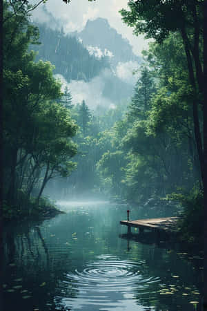 动漫,湖泊,雨,森林,绿色,雾气,山脉,码头,宁静,忧郁,自然,风景,4K — iPhone 4 壁纸