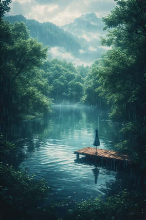 动漫,湖泊,雨,森林,绿色,雾气,山脉,码头,宁静,忧郁,自然,风景,4K — iPhone 4 壁纸