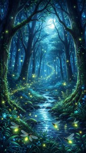 萤火虫与月光下的魔法森林溪流。 — iPhone Se 壁纸