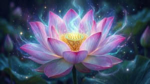 一幅神秘的数字绘画，描绘了散发光芒的莲花与星辰。 — 莲花 壁纸