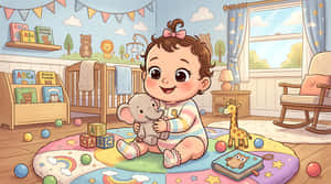 婴儿,婴儿房,卡通,插画,儿童,房间,室内,可爱,玩具,幼儿,学步儿童,游戏室,柔和色调,角色,毛绒玩具,大象,婴儿床,积木,设计,背景