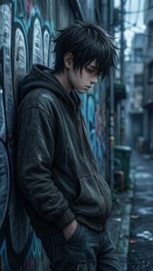 一个悲伤的动漫男孩在小巷里靠在墙上。 — 悲伤动漫动图 壁纸