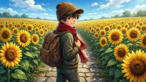 动漫男孩在明媚的日子里穿过向日葵花田