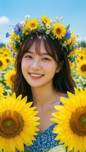 戴着花冠的女孩在向日葵花田中的唯美画面。 — 氛围感女孩动图 壁纸