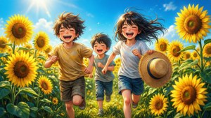 动漫孩子们在明媚夏日里的向日葵田中玩耍。