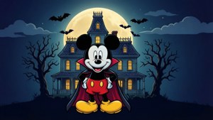 扁平矢量风格的吸血鬼米老鼠与 haunted mansion。