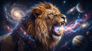 一头威严的星系雄狮在闪烁的星云中咆哮，释放出宇宙能量。 — 星系狮子 壁纸