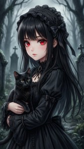 可爱的哥特风动漫少女，与黑猫在墓园中。 — 可爱动漫头像 壁纸