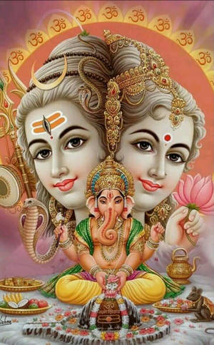 喜庆的湿婆帕尔瓦蒂合体头像与伽内什 — Galaxy Tab Active5 Pro 壁纸