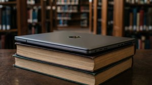 一台Chromebook放置在图书馆的书籍上，非常适合学习主题。
