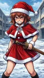 穿着圣诞老人服装、手持木刀的大河逢坂在雪地中