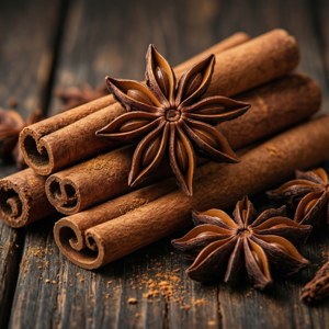 肉桂和八角在木头上特写，温暖的香料。 — 圣诞美学 壁纸