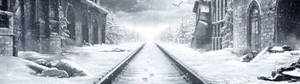 《地铁：离去》雪中建筑壁纸 — 32:9 壁纸