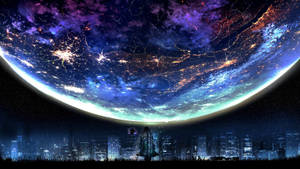 城市上空星系月亮艺术壁纸 — 星系月亮 壁纸