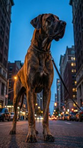 大丹犬在黄昏的城市中行走 — 狗 壁纸