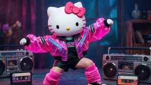 Hello Kitty身着霓虹80年代风格服装，尽情摇摆。 — Hello Kitty 动图 壁纸